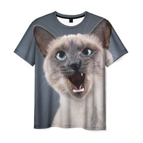 Мужская футболка 3D с принтом Злой кот , 100% полиэфир | прямой крой, круглый вырез горловины, длина до линии бедер | взгляд | домашнее | животное | злой | зубы | клыки | кот | котэ | кошка | оскал | сеамский