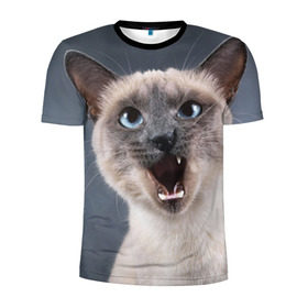 Мужская футболка 3D спортивная с принтом Злой кот , 100% полиэстер с улучшенными характеристиками | приталенный силуэт, круглая горловина, широкие плечи, сужается к линии бедра | взгляд | домашнее | животное | злой | зубы | клыки | кот | котэ | кошка | оскал | сеамский