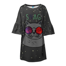 Детское платье 3D с принтом Swag Cat , 100% полиэстер | прямой силуэт, чуть расширенный к низу. Круглая горловина, на рукавах — воланы | Тематика изображения на принте: кот | свэг
