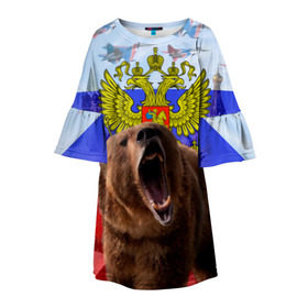 Детское платье 3D с принтом Русский медведь и герб , 100% полиэстер | прямой силуэт, чуть расширенный к низу. Круглая горловина, на рукавах — воланы | Тематика изображения на принте: герб | медведь | россия | русский | русский медведь