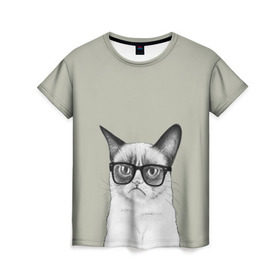 Женская футболка 3D с принтом Кот - хипстер , 100% полиэфир ( синтетическое хлопкоподобное полотно) | прямой крой, круглый вырез горловины, длина до линии бедер | cat | hipster | кот | кошка | хипстер