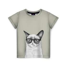 Детская футболка 3D с принтом Кот - хипстер , 100% гипоаллергенный полиэфир | прямой крой, круглый вырез горловины, длина до линии бедер, чуть спущенное плечо, ткань немного тянется | cat | hipster | кот | кошка | хипстер