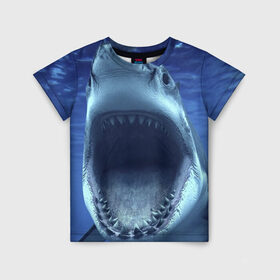 Детская футболка 3D с принтом Белая акула , 100% гипоаллергенный полиэфир | прямой крой, круглый вырез горловины, длина до линии бедер, чуть спущенное плечо, ткань немного тянется | Тематика изображения на принте: shark | море | синий
