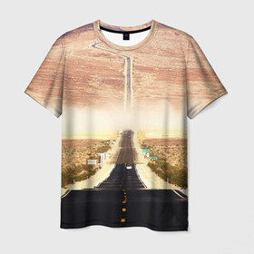 Мужская футболка 3D с принтом Дорога вперед , 100% полиэфир | прямой крой, круглый вырез горловины, длина до линии бедер | Тематика изображения на принте: асфальт | дорога | жизнь | пустыня | путь