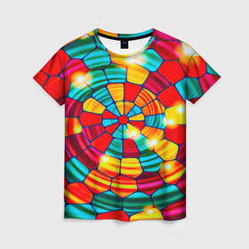 Женская футболка 3D с принтом Мозаика , 100% полиэфир ( синтетическое хлопкоподобное полотно) | прямой крой, круглый вырез горловины, длина до линии бедер | стекло | цветные