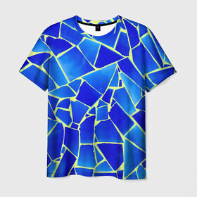 Мужская футболка 3D с принтом Мозаика , 100% полиэфир | прямой крой, круглый вырез горловины, длина до линии бедер | Тематика изображения на принте: осколки | синий | стекло