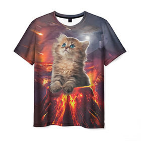 Мужская футболка 3D с принтом Кот на вулкане , 100% полиэфир | прямой крой, круглый вырез горловины, длина до линии бедер | вулкан | извержение | кот | котенок | лава | метеорит