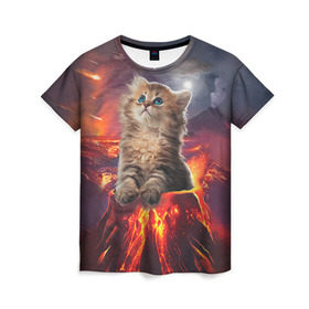 Женская футболка 3D с принтом Кот на вулкане , 100% полиэфир ( синтетическое хлопкоподобное полотно) | прямой крой, круглый вырез горловины, длина до линии бедер | вулкан | извержение | кот | котенок | лава | метеорит