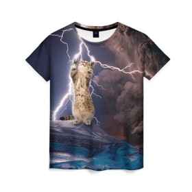 Женская футболка 3D с принтом Кот и молния , 100% полиэфир ( синтетическое хлопкоподобное полотно) | прямой крой, круглый вырез горловины, длина до линии бедер | буря | гроза | кот | котенок | молния | облака