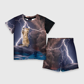 Детский костюм с шортами 3D с принтом Кот и молния ,  |  | буря | гроза | кот | котенок | молния | облака