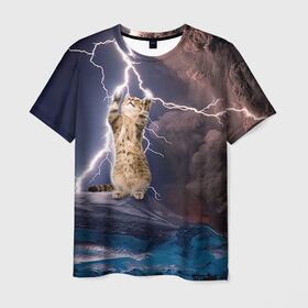 Мужская футболка 3D с принтом Кот и молния , 100% полиэфир | прямой крой, круглый вырез горловины, длина до линии бедер | буря | гроза | кот | котенок | молния | облака
