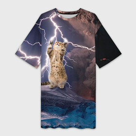 Платье-футболка 3D с принтом Кот и молния ,  |  | буря | гроза | кот | котенок | молния | облака