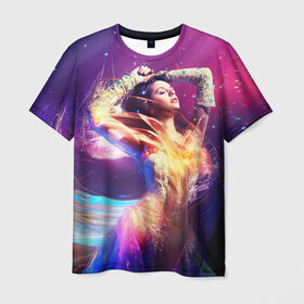 Мужская футболка 3D с принтом Девушка в огнях , 100% полиэфир | прямой крой, круглый вырез горловины, длина до линии бедер | девушка в огнях | звезды | космос | краски | цвет | яркие