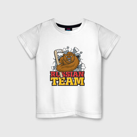 Детская футболка хлопок с принтом Hockey. Russian team. , 100% хлопок | круглый вырез горловины, полуприлегающий силуэт, длина до линии бедер | медведь | россия | русский | хоккей | чемпион | шайба