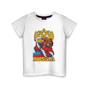 Детская футболка хлопок с принтом Только Русский Хоккей! , 100% хлопок | круглый вырез горловины, полуприлегающий силуэт, длина до линии бедер | медведь | россия | русский | хоккей | чемпион | шайба
