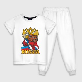 Детская пижама хлопок с принтом Только Русский Хоккей! , 100% хлопок |  брюки и футболка прямого кроя, без карманов, на брюках мягкая резинка на поясе и по низу штанин
 | медведь | россия | русский | хоккей | чемпион | шайба