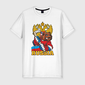 Мужская футболка премиум с принтом Только Русский Хоккей! , 92% хлопок, 8% лайкра | приталенный силуэт, круглый вырез ворота, длина до линии бедра, короткий рукав | медведь | россия | русский | хоккей | чемпион | шайба