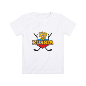 Детская футболка хлопок с принтом Hockey. Russian team. , 100% хлопок | круглый вырез горловины, полуприлегающий силуэт, длина до линии бедер | клюшка | медведь | россия | русские | хоккей | шайба