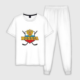 Мужская пижама хлопок с принтом Hockey. Russian team. , 100% хлопок | брюки и футболка прямого кроя, без карманов, на брюках мягкая резинка на поясе и по низу штанин
 | Тематика изображения на принте: клюшка | медведь | россия | русские | хоккей | шайба