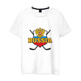 Мужская футболка хлопок с принтом Hockey. Russian team. , 100% хлопок | прямой крой, круглый вырез горловины, длина до линии бедер, слегка спущенное плечо. | клюшка | медведь | россия | русские | хоккей | шайба