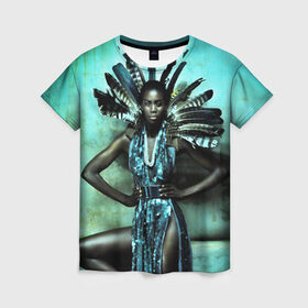 Женская футболка 3D с принтом Африканская девушка , 100% полиэфир ( синтетическое хлопкоподобное полотно) | прямой крой, круглый вырез горловины, длина до линии бедер | Тематика изображения на принте: африка | африканская девушка | в перьях | модель | перья