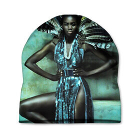 Шапка 3D с принтом Африканская девушка , 100% полиэстер | универсальный размер, печать по всей поверхности изделия | Тематика изображения на принте: африка | африканская девушка | в перьях | модель | перья