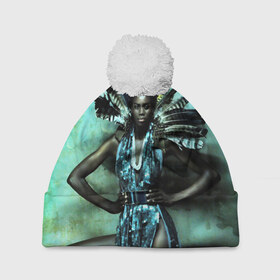 Шапка 3D c помпоном с принтом Африканская девушка , 100% полиэстер | универсальный размер, печать по всей поверхности изделия | Тематика изображения на принте: африка | африканская девушка | в перьях | модель | перья