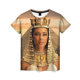 Женская футболка 3D с принтом Клеопатра , 100% полиэфир ( синтетическое хлопкоподобное полотно) | прямой крой, круглый вырез горловины, длина до линии бедер | египет | египетская | закат | золото | клеопатра | корона | песок | пирамиды | пустыня | солнце | царица