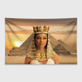 Флаг-баннер с принтом Клеопатра , 100% полиэстер | размер 67 х 109 см, плотность ткани — 95 г/м2; по краям флага есть четыре люверса для крепления | египет | египетская | закат | золото | клеопатра | корона | песок | пирамиды | пустыня | солнце | царица