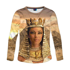 Женский лонгслив 3D с принтом Клеопатра , 100% полиэстер | длинные рукава, круглый вырез горловины, полуприлегающий силуэт | египет | египетская | закат | золото | клеопатра | корона | песок | пирамиды | пустыня | солнце | царица