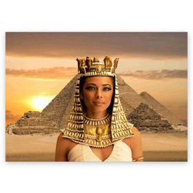 Поздравительная открытка с принтом Клеопатра , 100% бумага | плотность бумаги 280 г/м2, матовая, на обратной стороне линовка и место для марки
 | египет | египетская | закат | золото | клеопатра | корона | песок | пирамиды | пустыня | солнце | царица