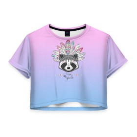 Женская футболка 3D укороченная с принтом Енот , 100% полиэстер | круглая горловина, длина футболки до линии талии, рукава с отворотами | енот