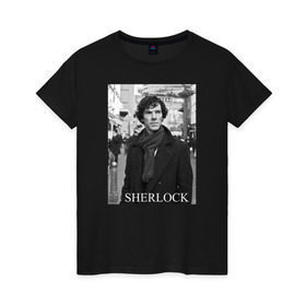 Женская футболка хлопок с принтом SHERLOCK 2 , 100% хлопок | прямой крой, круглый вырез горловины, длина до линии бедер, слегка спущенное плечо | sherlock | шерлок | шерлок холмс