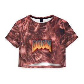 Женская футболка 3D укороченная с принтом Doom (Classic) , 100% полиэстер | круглая горловина, длина футболки до линии талии, рукава с отворотами | 90 | олдскул | скелет | череп