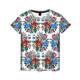 Женская футболка 3D с принтом Flowers on white , 100% полиэфир ( синтетическое хлопкоподобное полотно) | прямой крой, круглый вырез горловины, длина до линии бедер | цветы