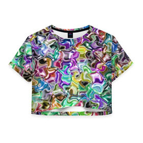 Женская футболка 3D укороченная с принтом Цветное безумие , 100% полиэстер | круглая горловина, длина футболки до линии талии, рукава с отворотами | Тематика изображения на принте: арт | дизайн | искусство | краски | мозаика | палитра | радуга | разные цвета | текстура | цветное безумие