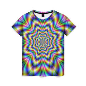 Женская футболка 3D с принтом Красочная иллюзия , 100% полиэфир ( синтетическое хлопкоподобное полотно) | прямой крой, круглый вырез горловины, длина до линии бедер | гипноз | движение | красочный фон | обман зрения | оптическая иллюзия | погружение | текстура | фокус