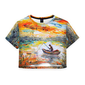 Женская футболка 3D укороченная с принтом Рыбак на лодке , 100% полиэстер | круглая горловина, длина футболки до линии талии, рукава с отворотами | Тематика изображения на принте: грузило | карась | лодка | окунь | природа | река | рыбак | рыболов | снасти | туризм | щука