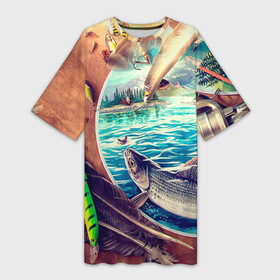 Платье-футболка 3D с принтом Рыбацкое ,  |  | грузило | карась | лодка | окунь | природа | река | рыбак | рыболов | снасти | туризм | щука
