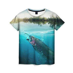 Женская футболка 3D с принтом Рыбалка , 100% полиэфир ( синтетическое хлопкоподобное полотно) | прямой крой, круглый вырез горловины, длина до линии бедер | грузило | карась | лодка | окунь | природа | река | рыбак | рыболов | снасти | туризм | щука