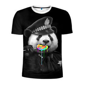 Мужская футболка 3D спортивная с принтом Панда и карамель , 100% полиэстер с улучшенными характеристиками | приталенный силуэт, круглая горловина, широкие плечи, сужается к линии бедра | панда | черно белый