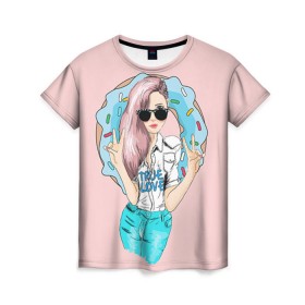 Женская футболка 3D с принтом Моя любовь - пончики , 100% полиэфир ( синтетическое хлопкоподобное полотно) | прямой крой, круглый вырез горловины, длина до линии бедер | пончик