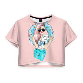 Женская футболка 3D укороченная с принтом Моя любовь - пончики , 100% полиэстер | круглая горловина, длина футболки до линии талии, рукава с отворотами | пончик