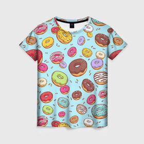 Женская футболка 3D с принтом Пончики Пончики , 100% полиэфир ( синтетическое хлопкоподобное полотно) | прямой крой, круглый вырез горловины, длина до линии бедер | пончик