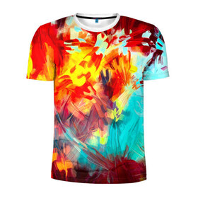 Мужская футболка 3D спортивная с принтом Абстракция красок , 100% полиэстер с улучшенными характеристиками | приталенный силуэт, круглая горловина, широкие плечи, сужается к линии бедра | Тематика изображения на принте: rainbow | краска | прикольные | радуга | текстуры | штрихи