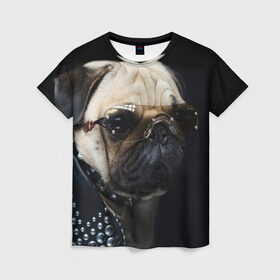 Женская футболка 3D с принтом Бульдог в очках , 100% полиэфир ( синтетическое хлопкоподобное полотно) | прямой крой, круглый вырез горловины, длина до линии бедер | бульдог в очках | домашнее | животное | клепки | кожа | металлист | очки | пес | прикол | рокер | собака | умный | ученый | французский
