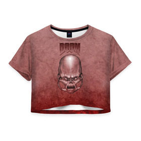 Женская футболка 3D укороченная с принтом Демон (Doom classic) , 100% полиэстер | круглая горловина, длина футболки до линии талии, рукава с отворотами | розовый | скелет | череп