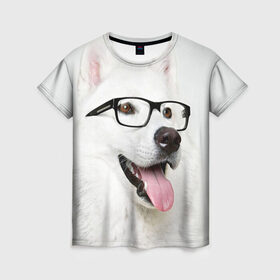 Женская футболка 3D с принтом Собака в очках , 100% полиэфир ( синтетическое хлопкоподобное полотно) | прямой крой, круглый вырез горловины, длина до линии бедер | домашнее | животное | очки | пес | прикол | собака в очках | умный | ученый
