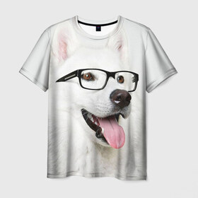 Мужская футболка 3D с принтом Собака в очках , 100% полиэфир | прямой крой, круглый вырез горловины, длина до линии бедер | домашнее | животное | очки | пес | прикол | собака в очках | умный | ученый
