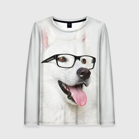 Женский лонгслив 3D с принтом Собака в очках , 100% полиэстер | длинные рукава, круглый вырез горловины, полуприлегающий силуэт | домашнее | животное | очки | пес | прикол | собака в очках | умный | ученый